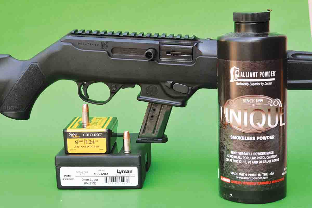 The Ruger PC Carbine 9mm Luger can offer respectable performance with handloads containing the Speer 124-grain Gold Dot HP bullet and Alliant Unique powder.